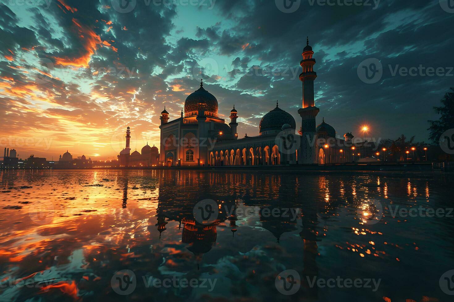 AI generated A Magnificent Mosque with a Beautiful Sky View at Sunset. Generative AI photo