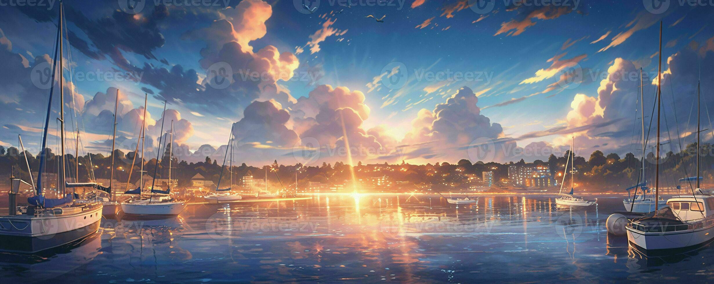 AI generated Beautiful Harbor with Blue Sky and Sunset View in Japanese Anime Style. Generative AI photo