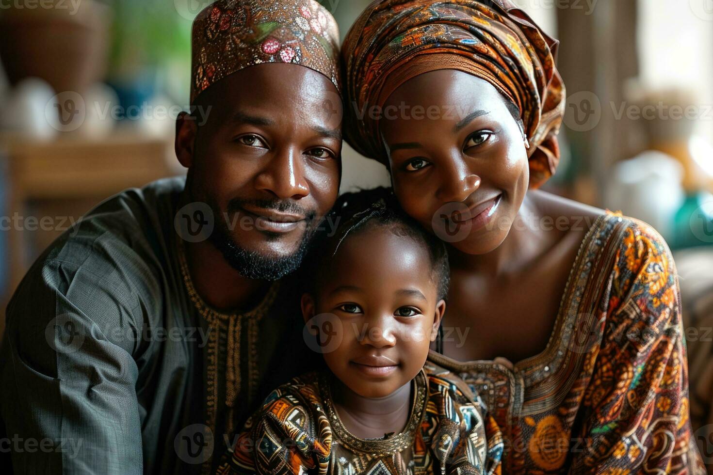 AI generated Portrait of a Happy African Muslim Family in Traditional Clothes. Generative AI photo