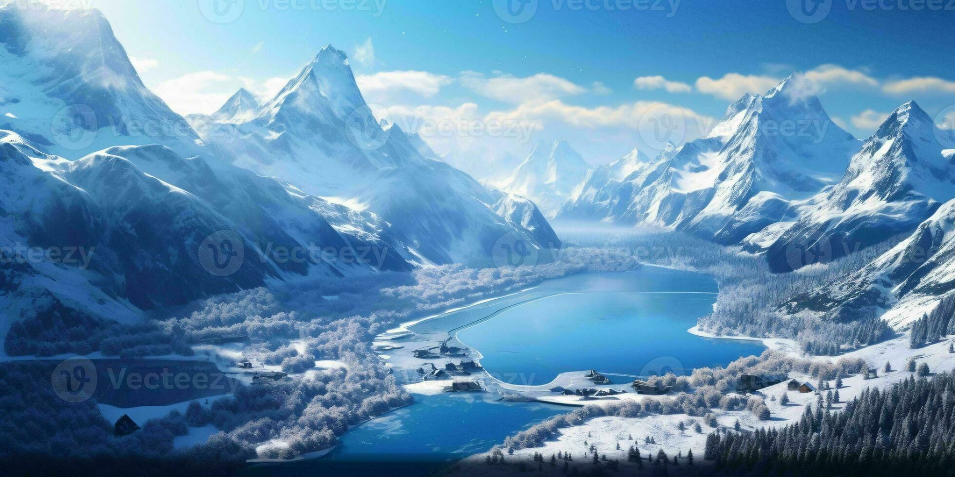 AI generated Illustration of a Large Snowy Mountain Landscape with a Lake Below. Winter Mountains. Generative AI photo