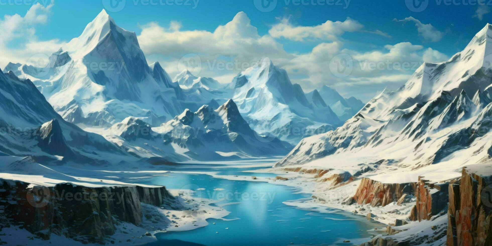 AI generated Illustration of a Large Snowy Mountain Landscape with a Lake Below. Winter Mountains. Generative AI photo