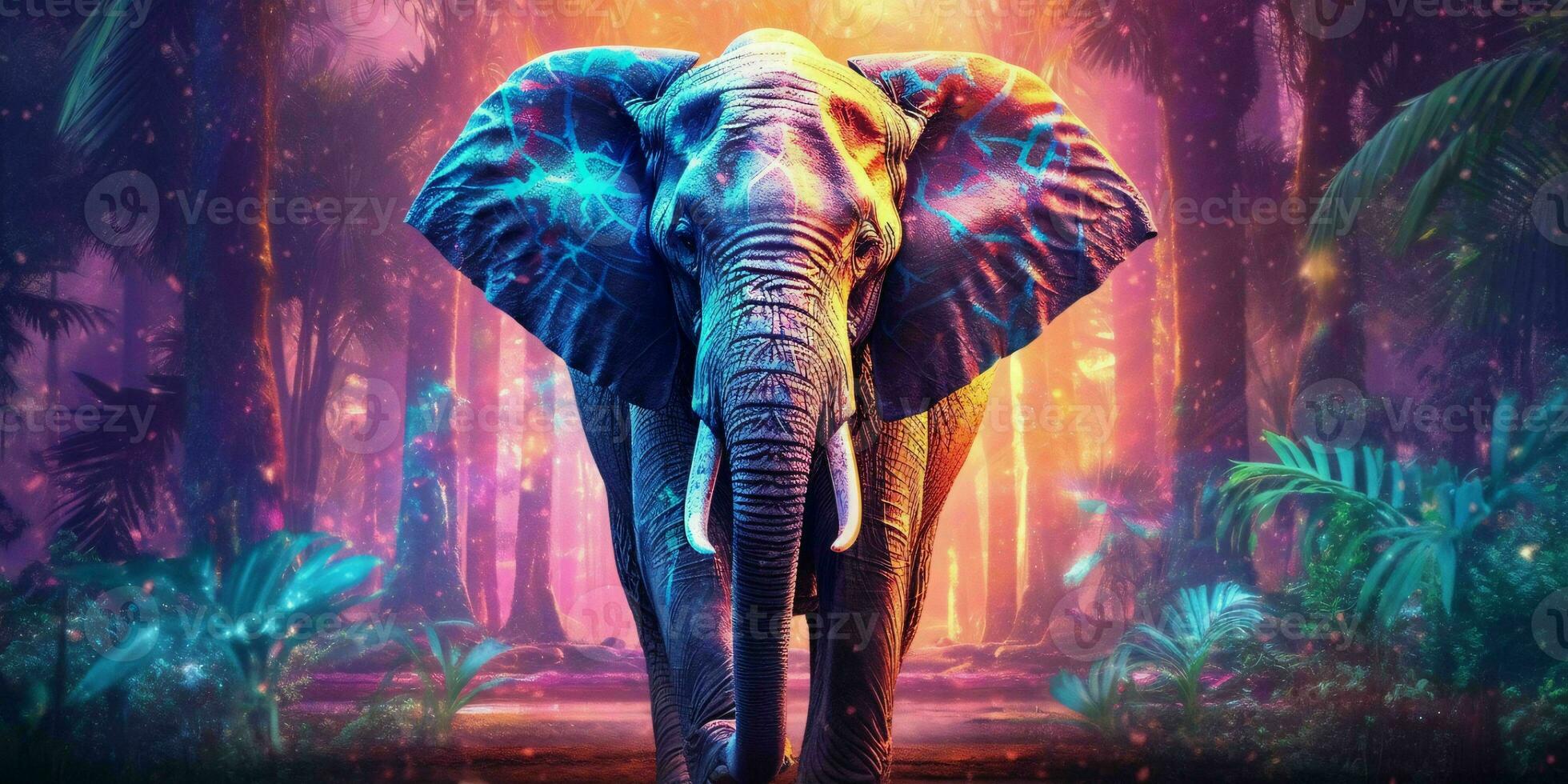 AI generated Colorful Elephant Illustration with Glow Effect. Generative AI photo