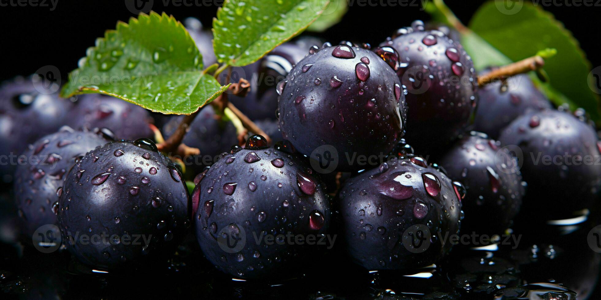 AI generated Fresh Acai Berry with Water Droplets Isolated on a Black Background. Euterpe oleracea. Generative AI photo