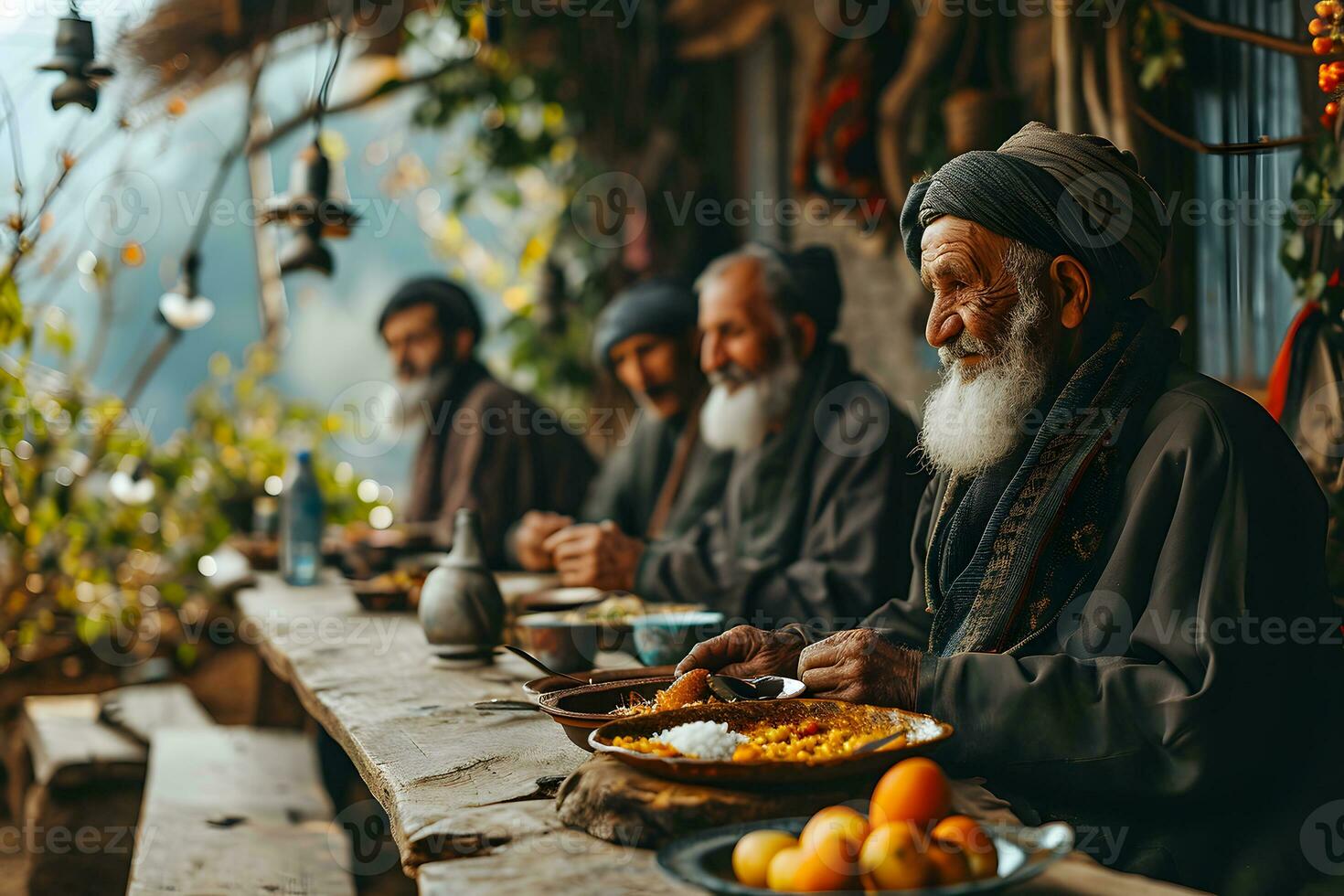 AI generated Happy and cheerful Middle Eastern old man sitting and enjoying a meal together outdoors. Generative Ai photo