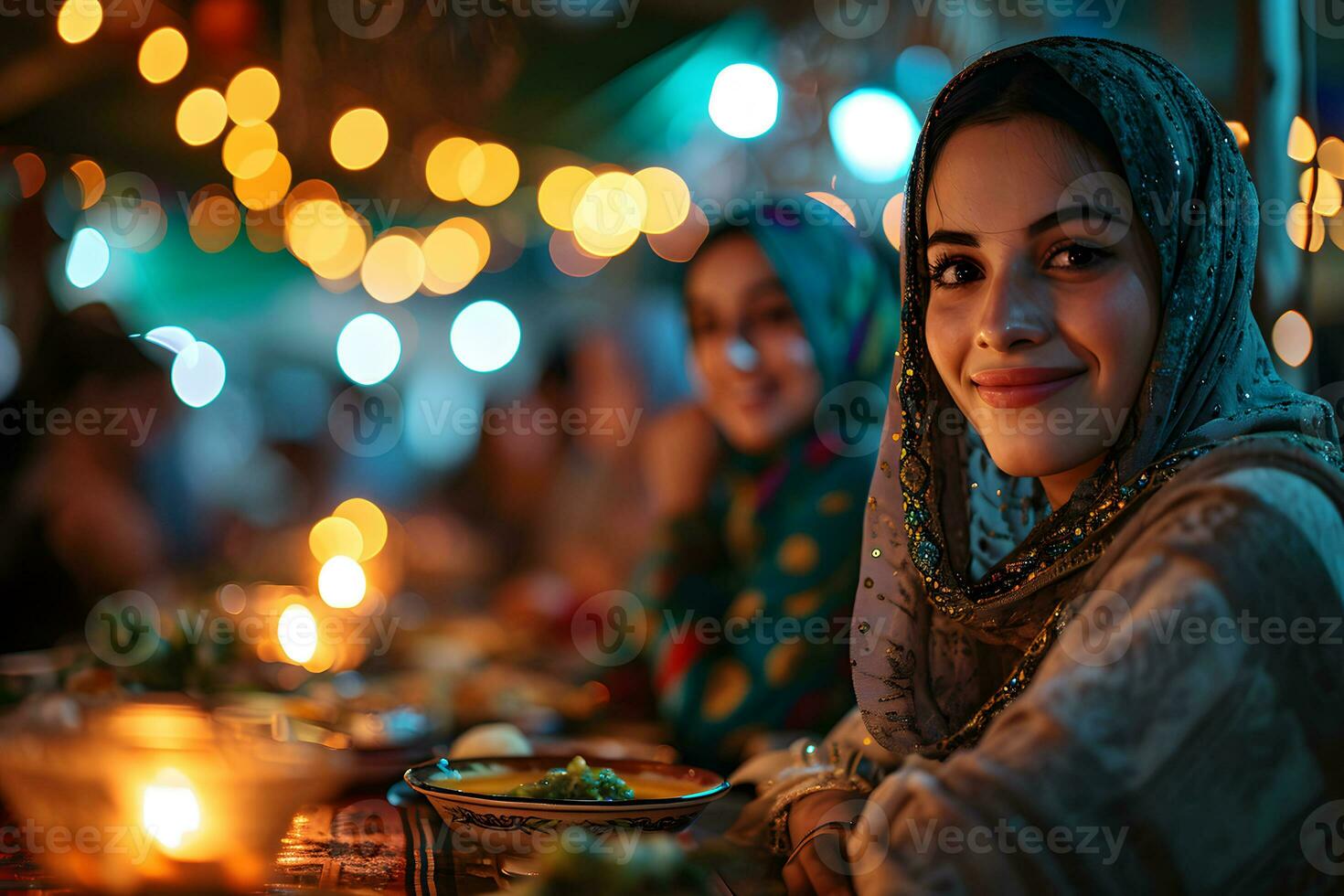 AI generated Arab Muslim women gather together during Ramadan with delicious dishes on the table. Iftar Dinner. Generative Ai photo