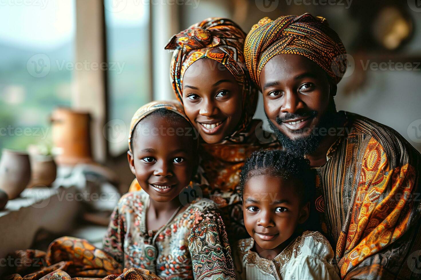 AI generated Portrait of a Happy African Muslim Family in Traditional Clothes. Generative AI photo