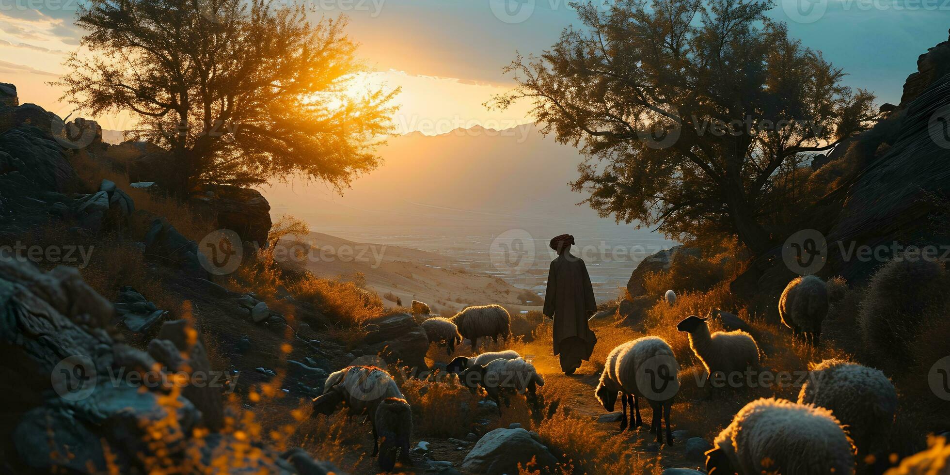 AI generated A Middle Eastern man herds a flock of sheep in a desert valley at sunset. Generative Ai photo