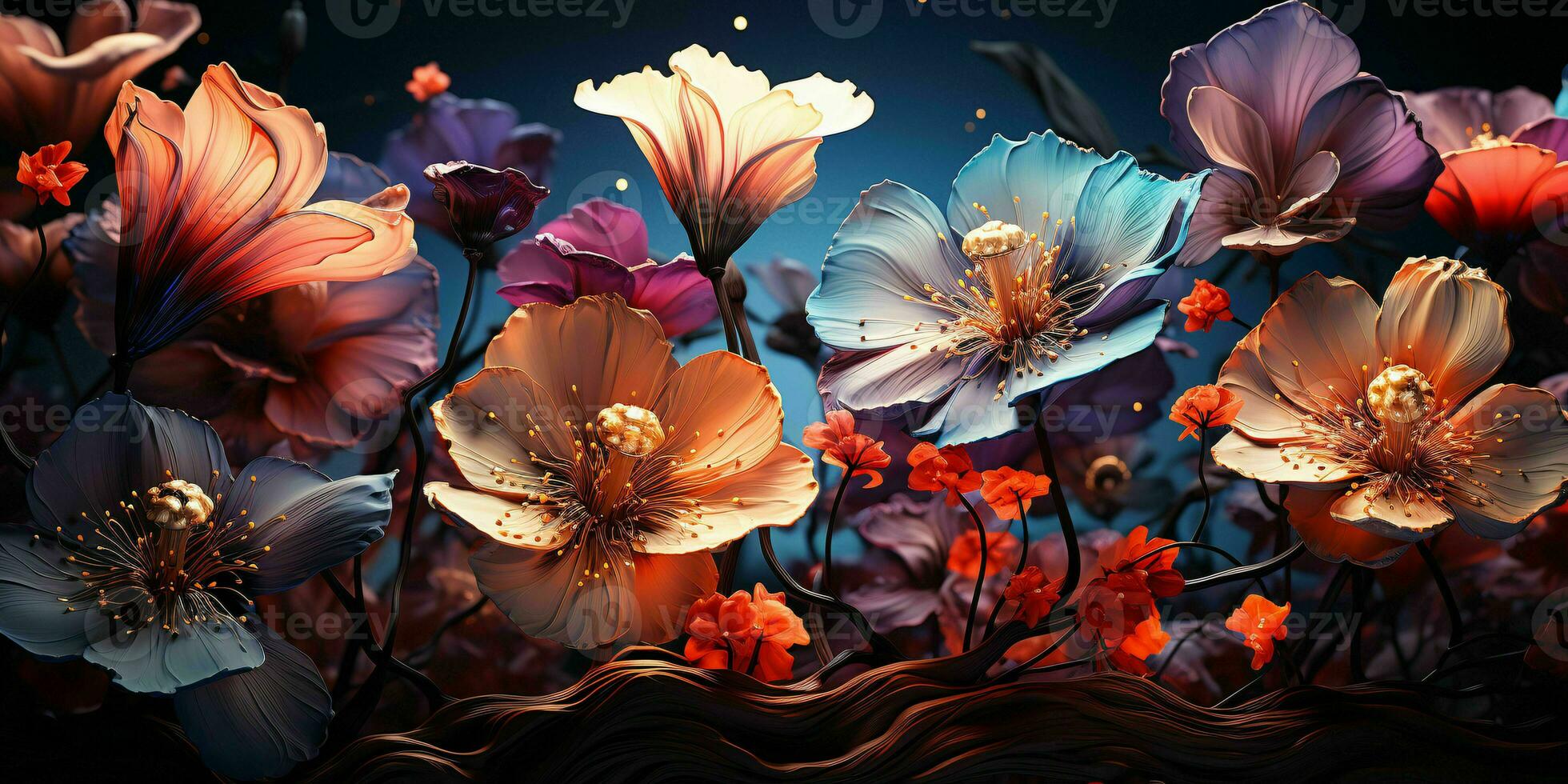 AI generated Beautiful Flowers Bloom with Shiny Light Effect. Generative AI photo