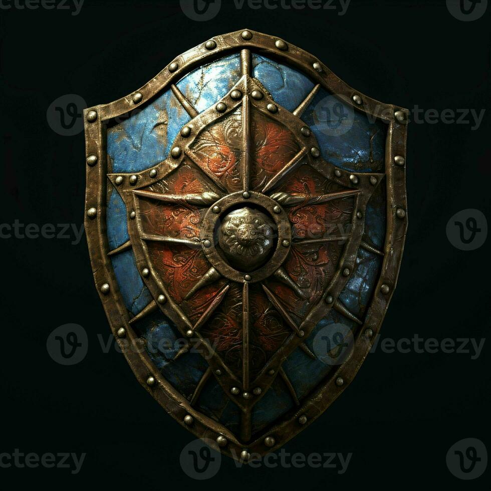 AI generated Rusty Medieval Shield with War Torn Effect Isolated on Black Background. Generative AI photo