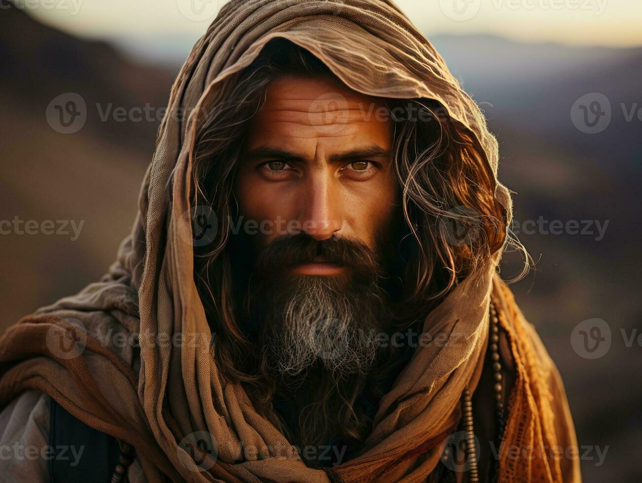 ai generado un barbado y de pelo largo medio oriental hombre vistiendo un Pañuelo en el desierto. generativo ai foto