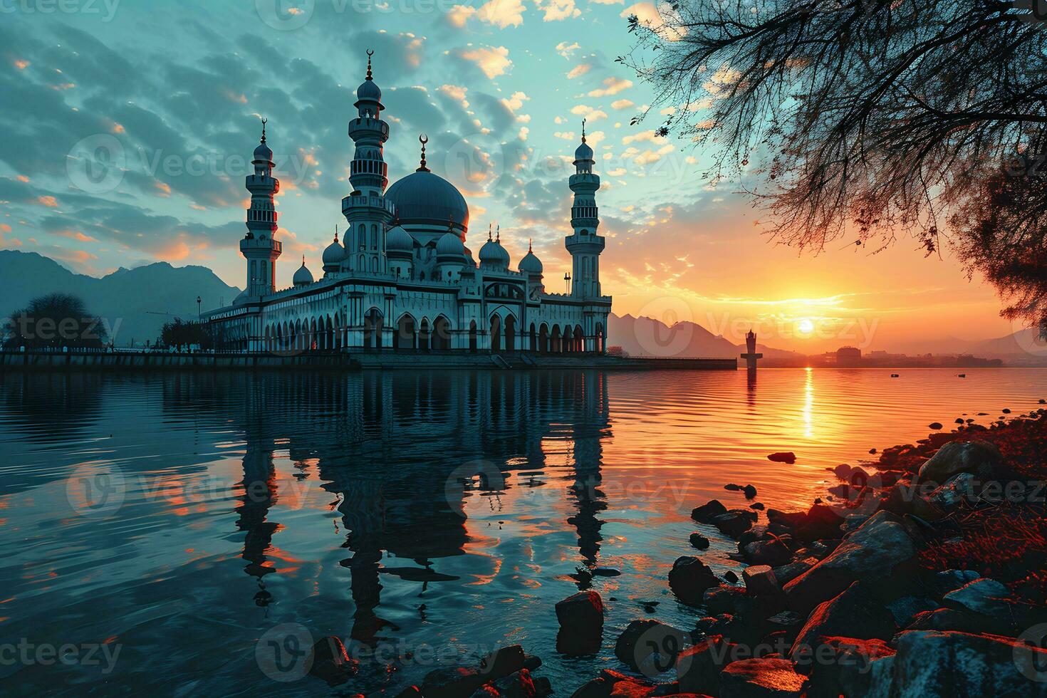 AI generated A Magnificent Mosque with a Beautiful Sky View at Sunset. Generative AI photo