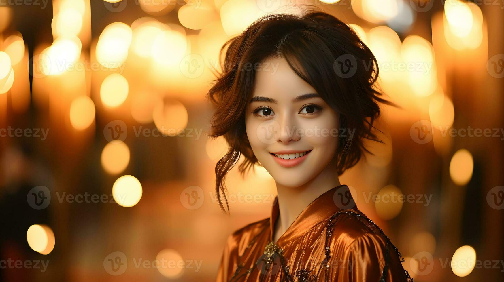 AI generated Beautiful Short Haired Asian Woman in Traditional Dress with Blurred Lantern Background. Asian Women Celebrate the Lunar New Year Festival. Generative Ai photo