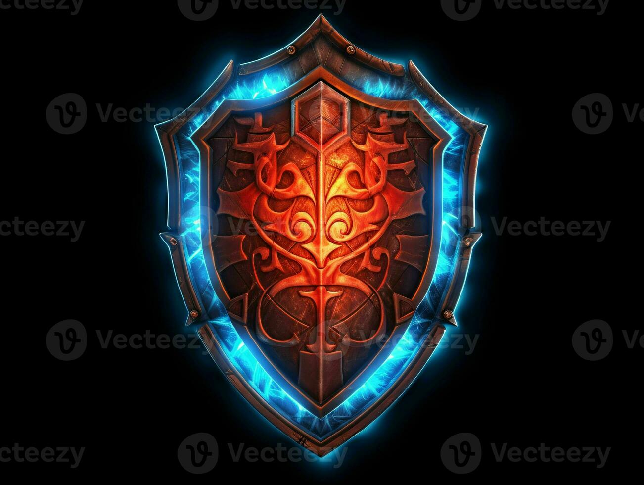 AI generated Fantasy Medieval Shield Isolated on Black Background. Shield with Game Style. Generative AI photo