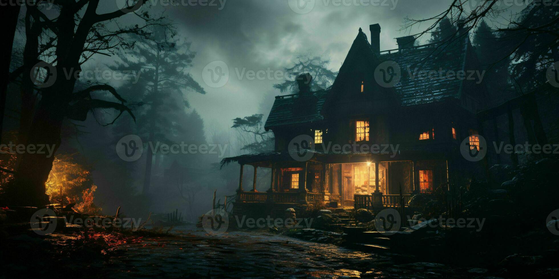 AI generated Scary House in the Forest with Spooky Trees. Horror Background. Generative AI photo