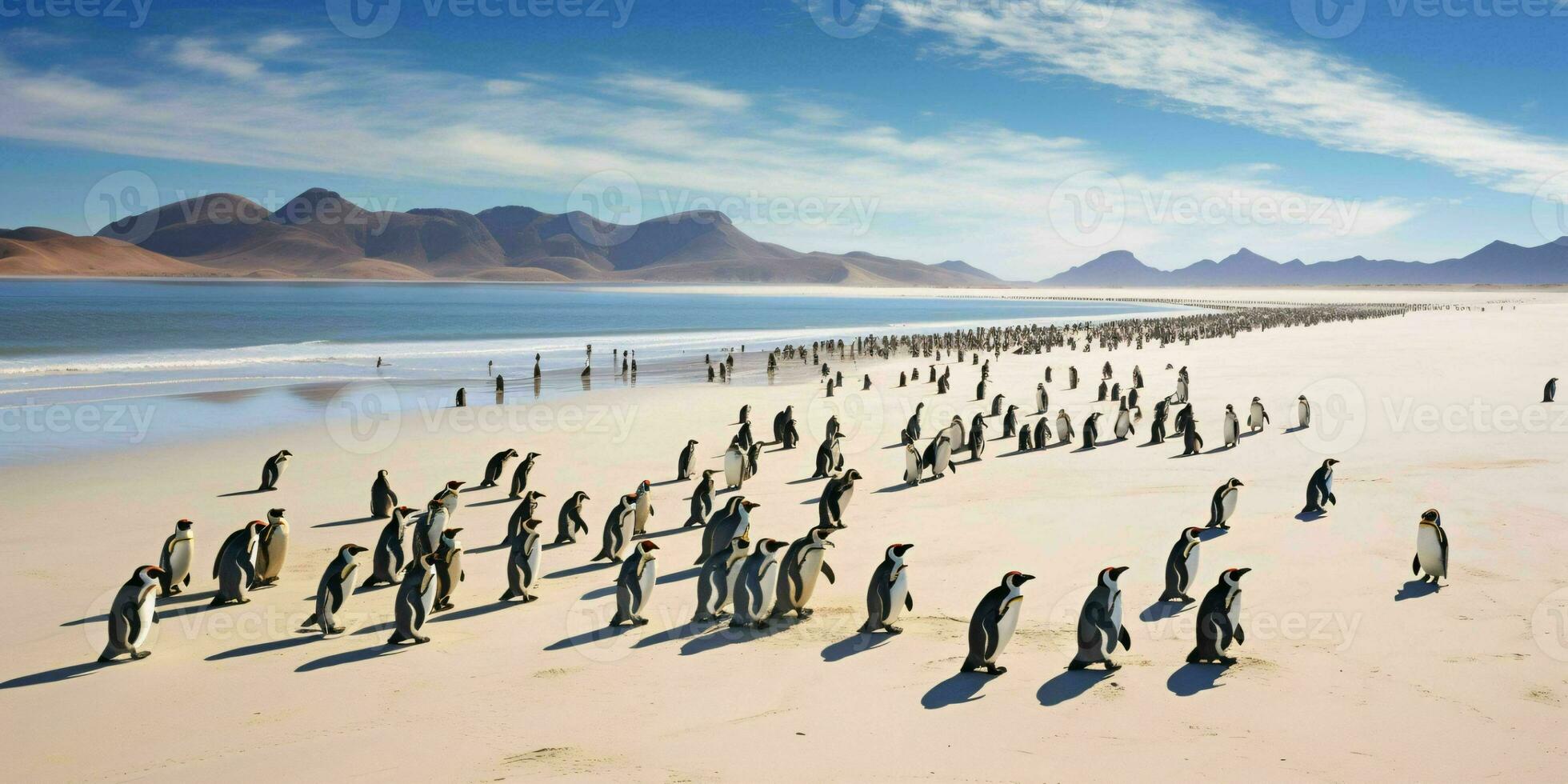 ai generado pingüino colonia en el playa con hermosa paisaje vista. generativo ai foto