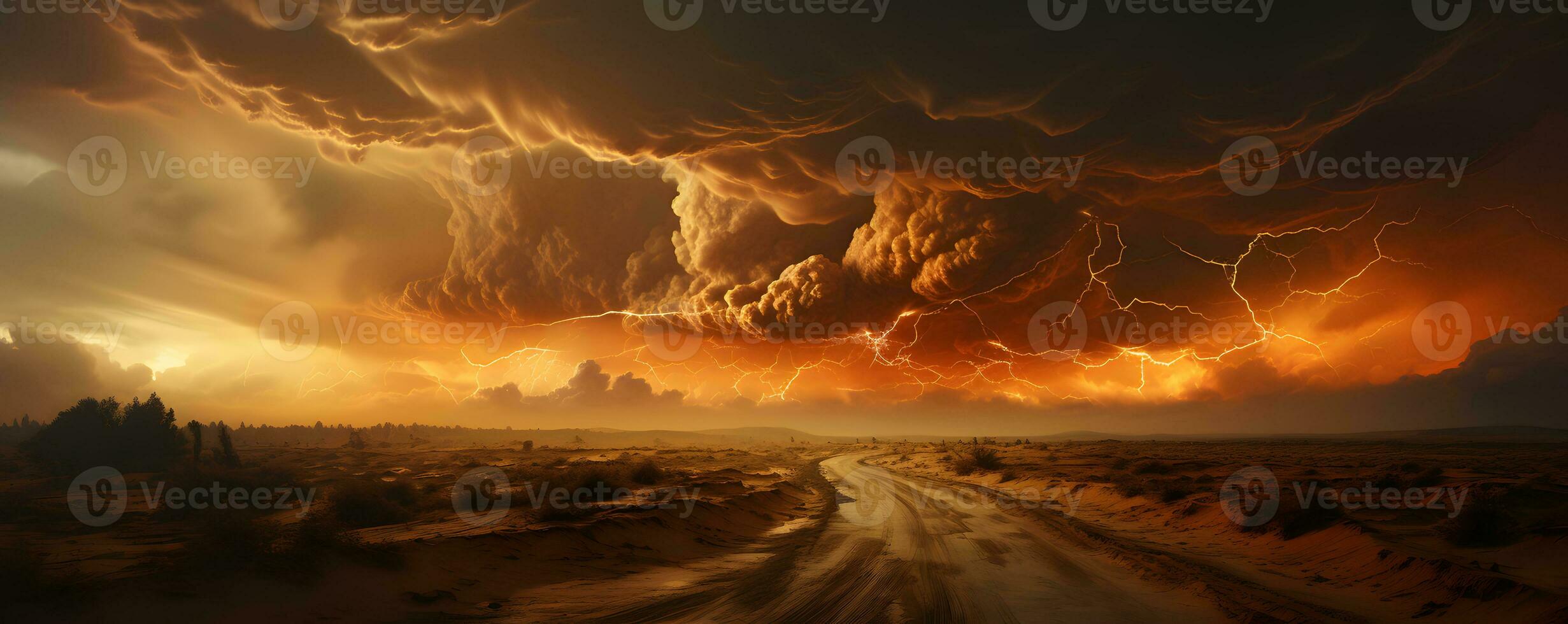 ai generado Tormentoso cielo con relámpago huelgas en el desierto. tormenta de arena paisaje. generativo ai foto