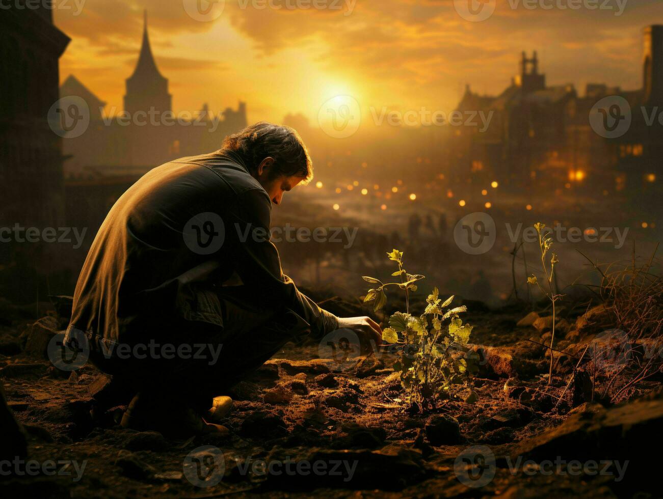 AI generated Close up of a man planting a tree or gardening. Generative AI photo