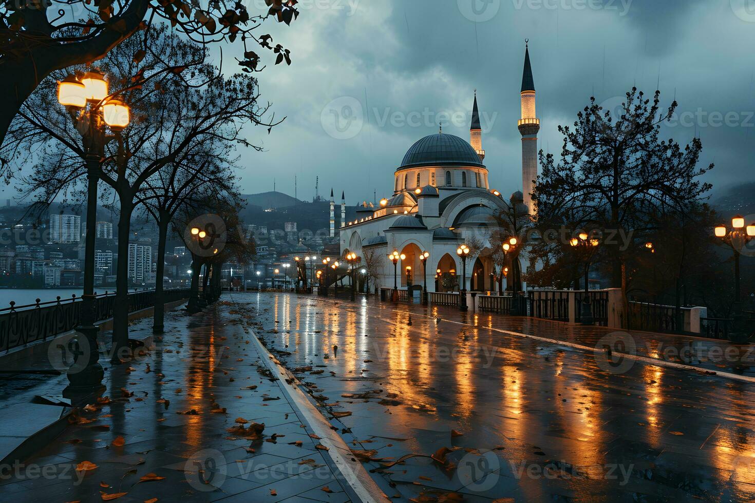AI generated Beautiful mosque with an atmosphere after the rain, in the afternoon. Generative AI photo