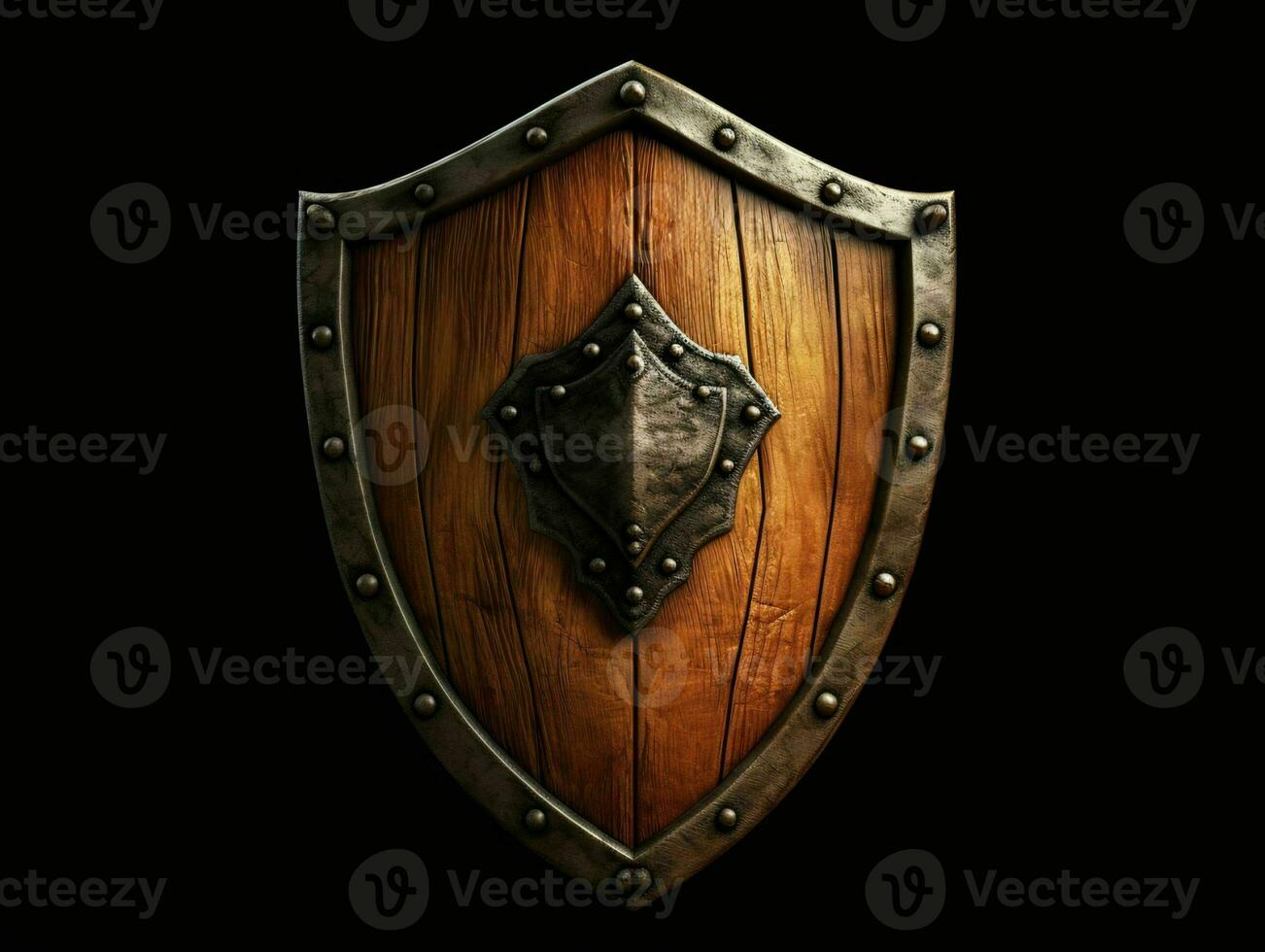 AI generated Medieval Wooden Shield with War Torn Mark. Generative AI photo