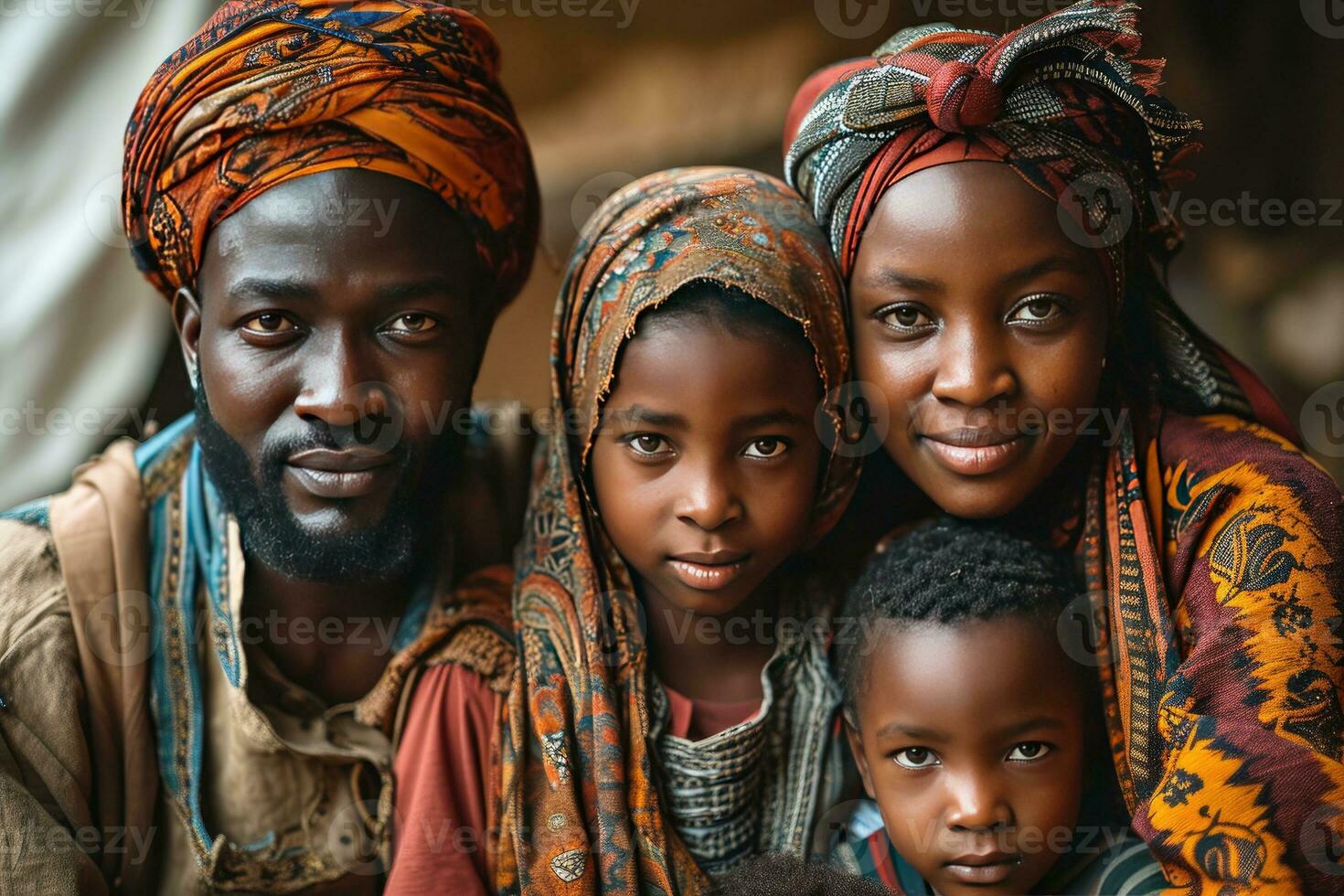 AI generated Portrait of a Happy African Muslim Family in Traditional Clothes. Generative AI photo