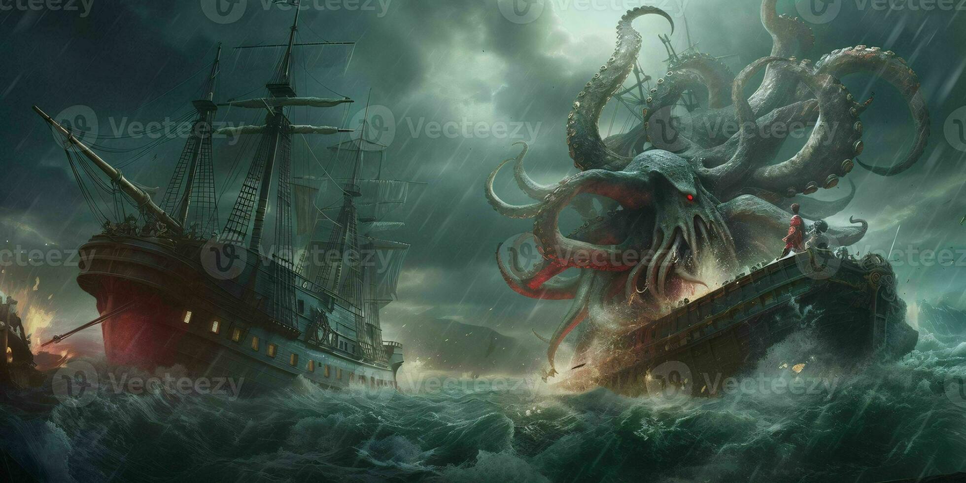 AI generated Giant Kraken Octopus Attack Pirate Ship with Thunderstorm Background. Cthulhu Illustration. Generative AI photo