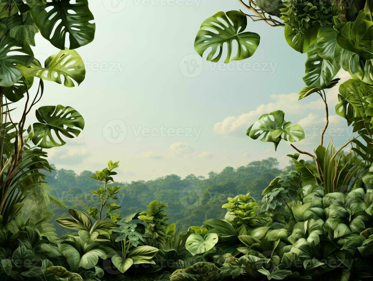AI generated Exotic Tropical Leaves Background with Copy Space in The Center. Generative AI photo