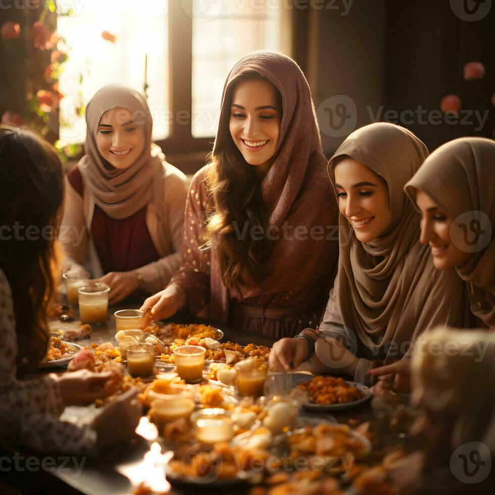 ai generado musulmán familia y amigos reunión durante Ramadán con delicioso platos en el mesa. iftar cena. generativo ai foto