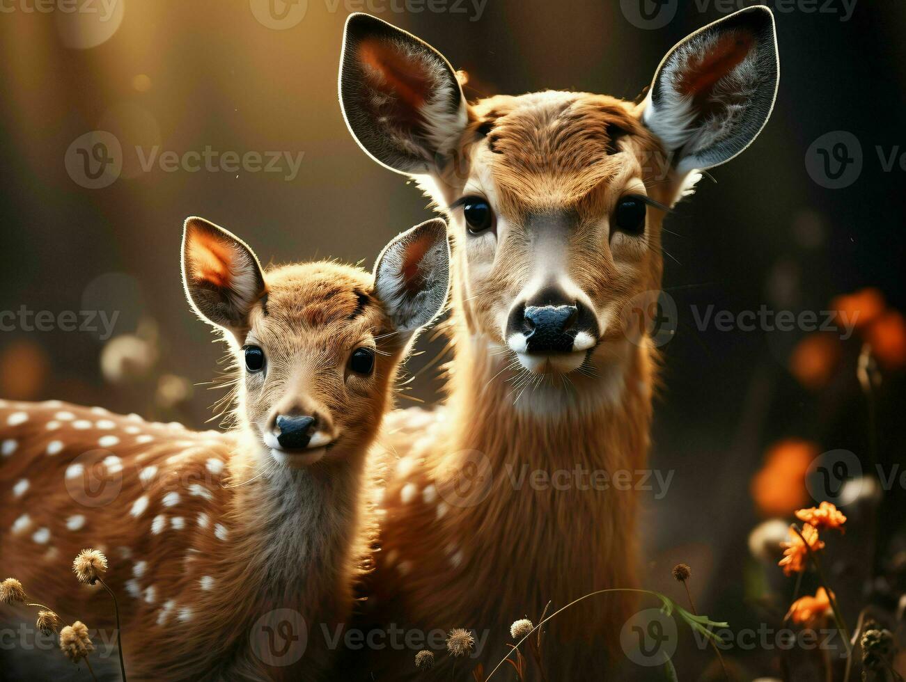 AI generated Deer and Fawn With a Blurry Forest Background. Generative AI photo