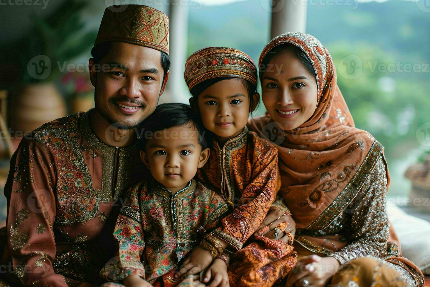 AI generated Portrait of a Happy Asian Muslim Family in Traditional Clothes. Generative AI photo