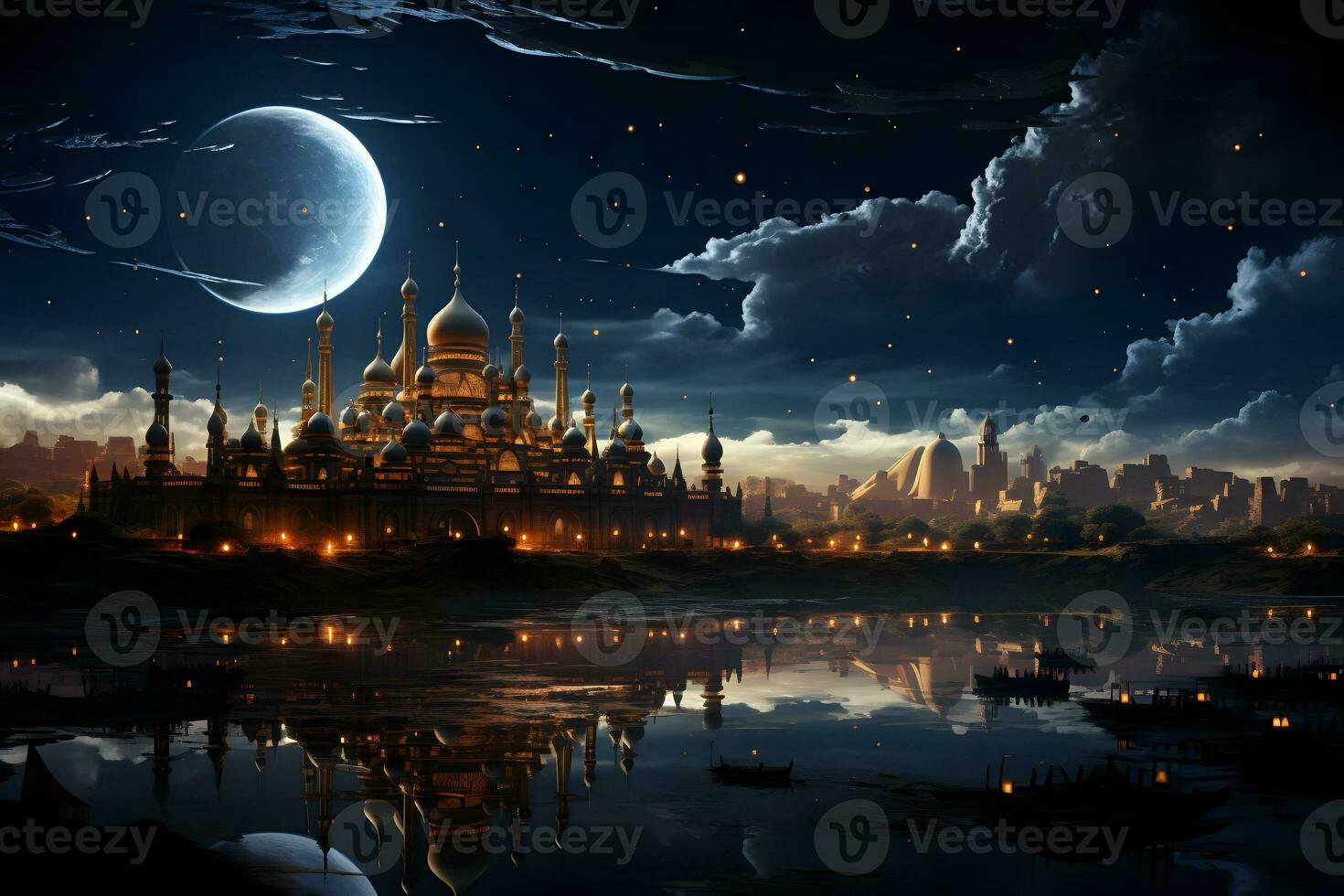 AI generated Elegant Mosque Illustration at Night with Big Moon and Fantasy Sky. Generative Ai photo