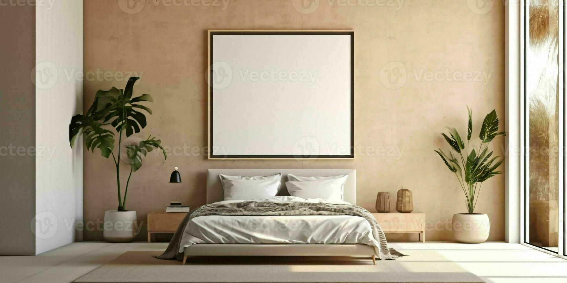 ai generado minimalista beige cama habitación interior diseño con blanco blanco imagen marco Bosquejo. generativo ai foto