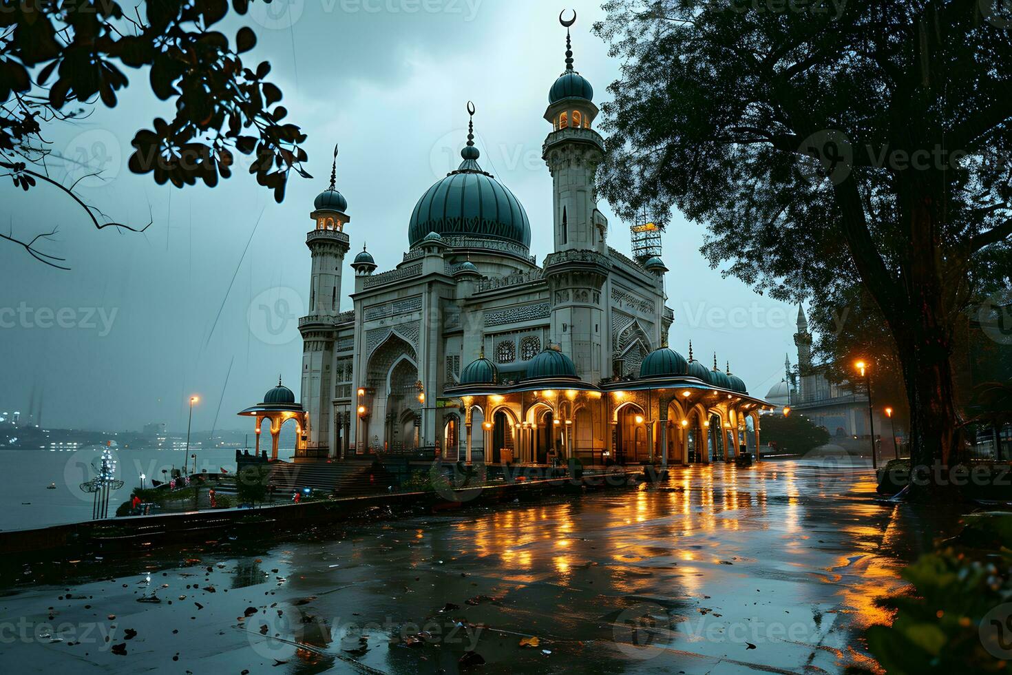AI generated Beautiful mosque with an atmosphere after the rain, in the afternoon. Generative AI photo