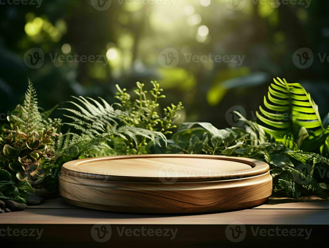 AI generated Wooden Product Display Podium with Nature Background. Natural Product Placement Pedestal Stand. Generative AI photo