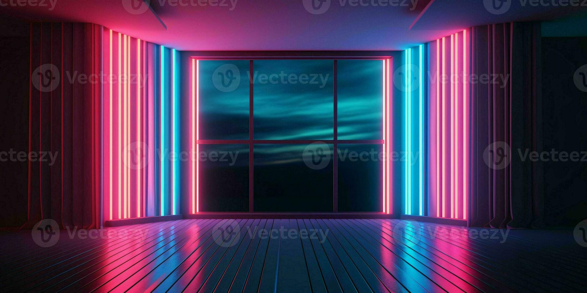 AI generated Modern Dark Room with Glowing Neon Lines with Retro 80s Style. Futuristic Interior with Laser Effect. Generative AI photo