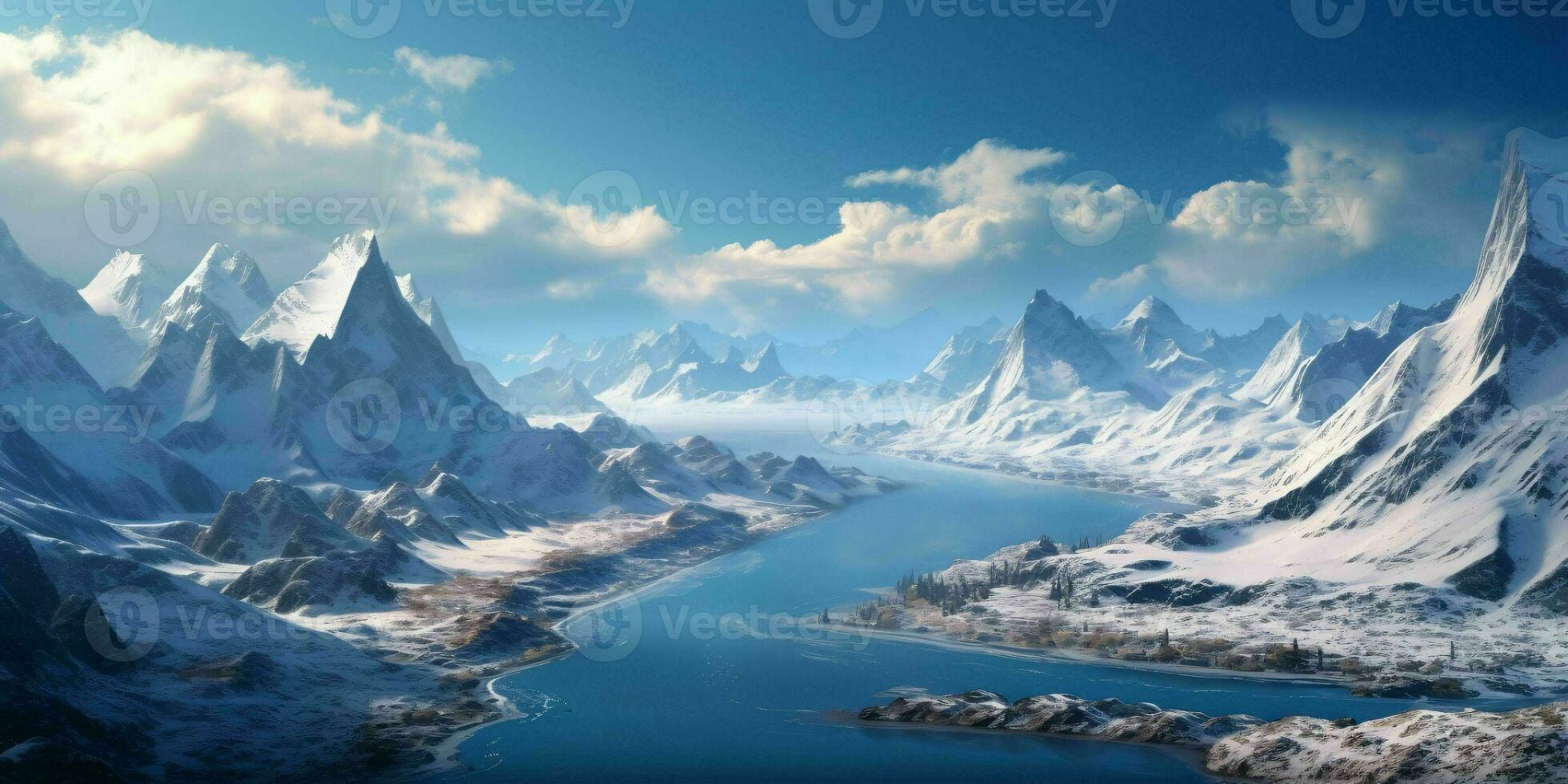 AI generated Illustration of a Large Snowy Mountain Landscape with a Lake Below. Winter Mountains. Generative AI photo