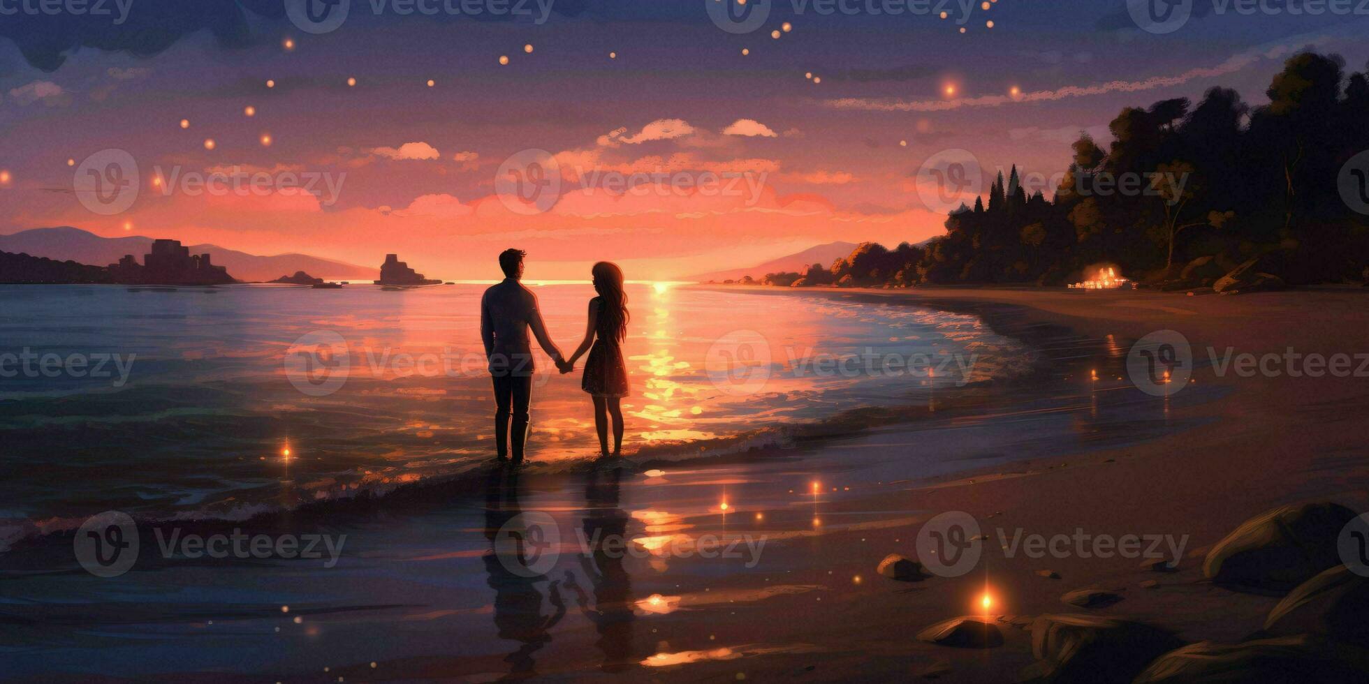 AI generated Romantic Couple Hold Hands on the Beach at Sunset. Generative AI photo
