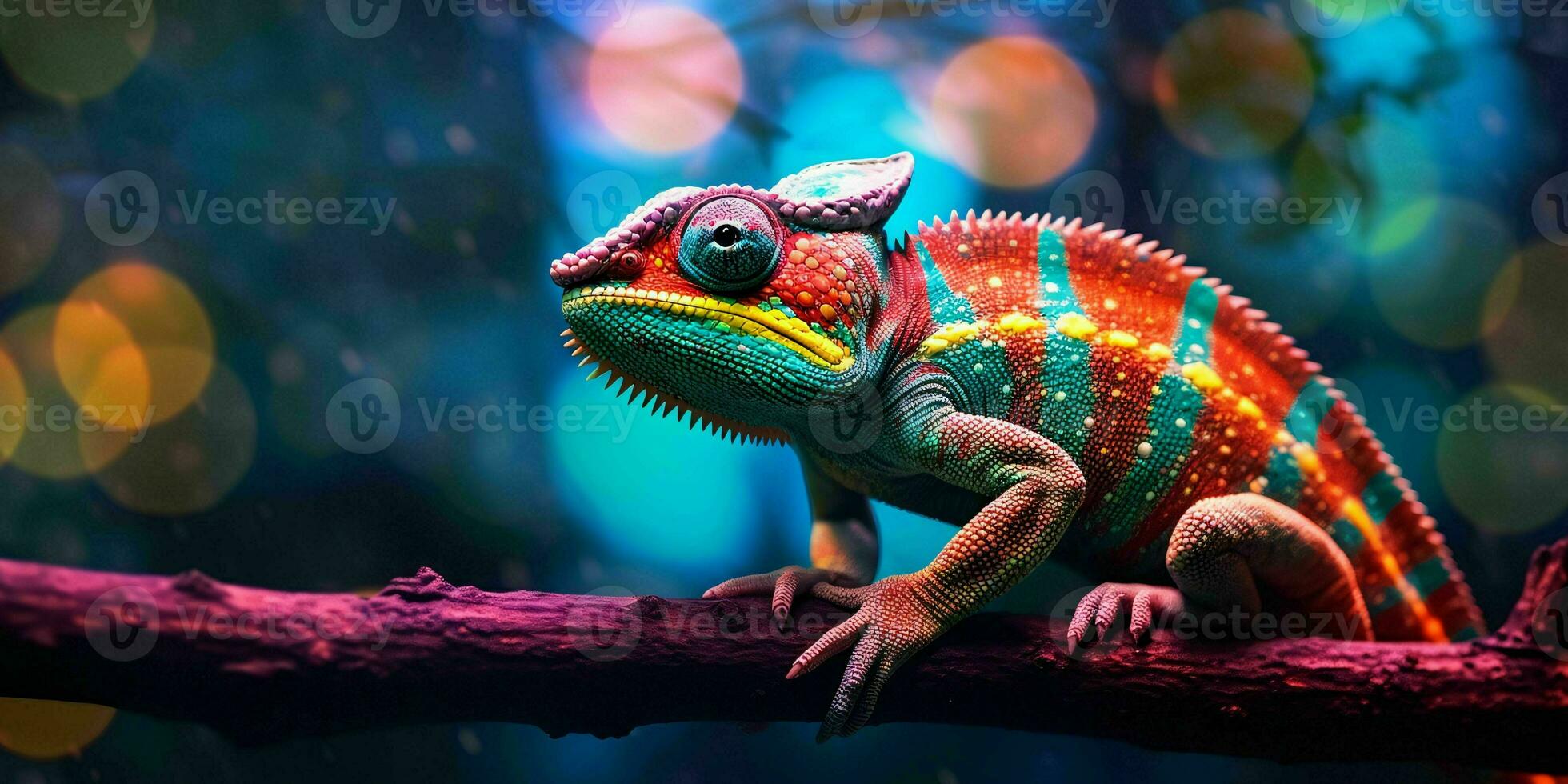 AI generated Colorful Chameleon Perched on a Tree Branch with Vibrant Neon Light Effect. Digital Art. Generative AI photo