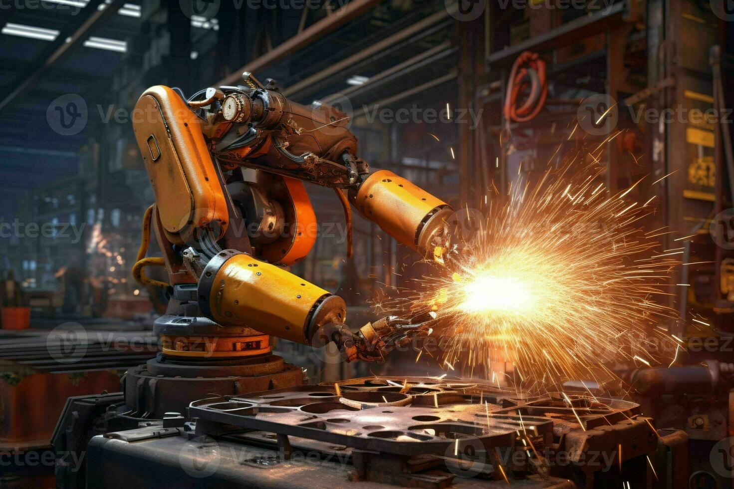 AI generated Industrial Robots at Work. Industrial Robots Doing Welding. Generative AI photo