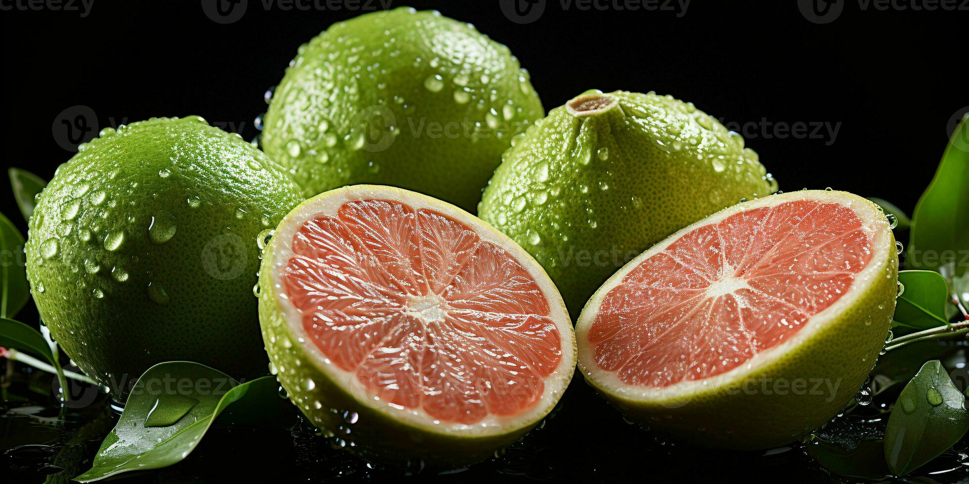 AI generated Sliced Fresh Grapefruits with Water Droplets. Pomelo Fruits. Generative AI photo