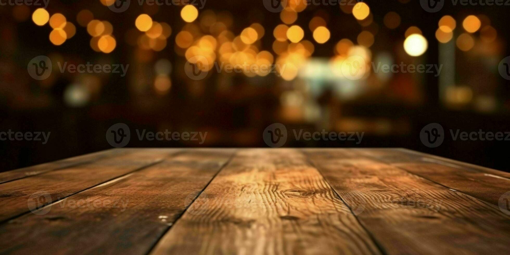 AI generated Empty Wooden Table with Bokeh Cafe Background and Golden Lights. Generative AI photo