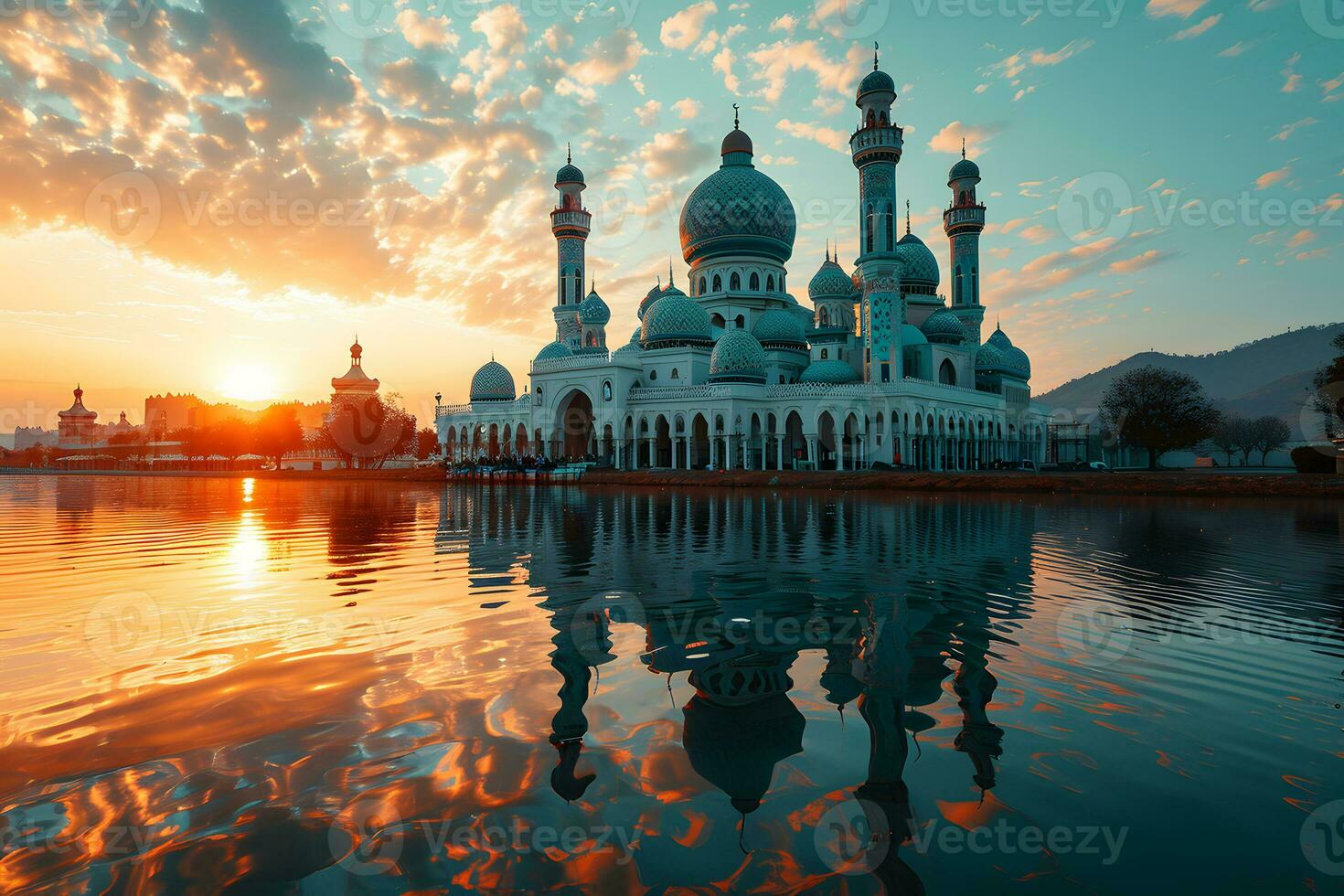 AI generated A Magnificent Mosque with a Beautiful Sky View at Sunset. Generative AI photo