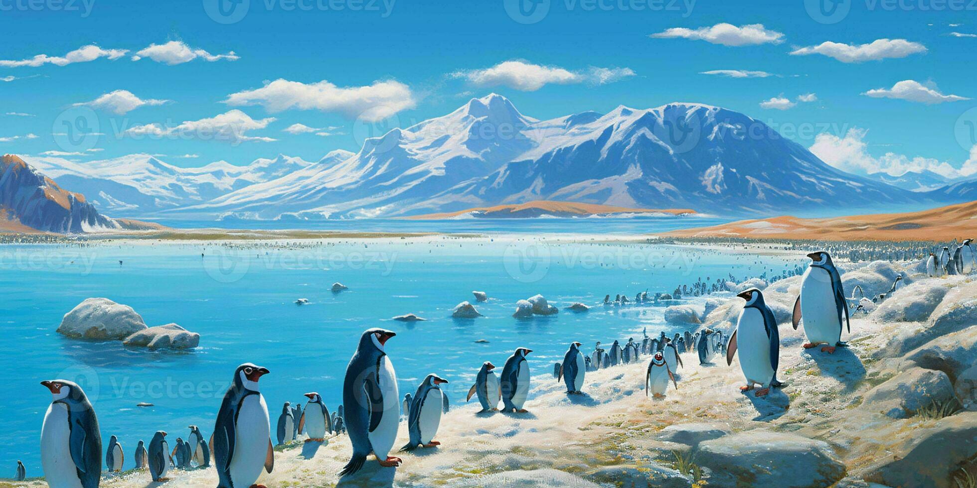 AI generated Penguin Colony on the Beach with Beautiful landscape View. Generative AI photo