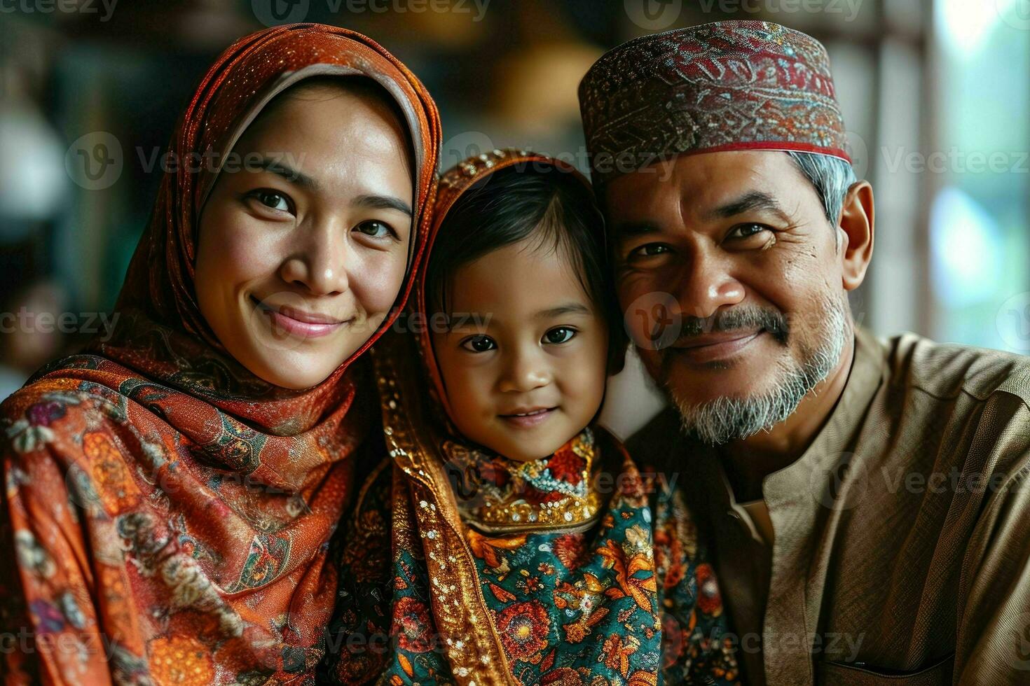 AI generated Portrait of a Happy Asian Muslim Family in Traditional Clothes. Generative AI photo