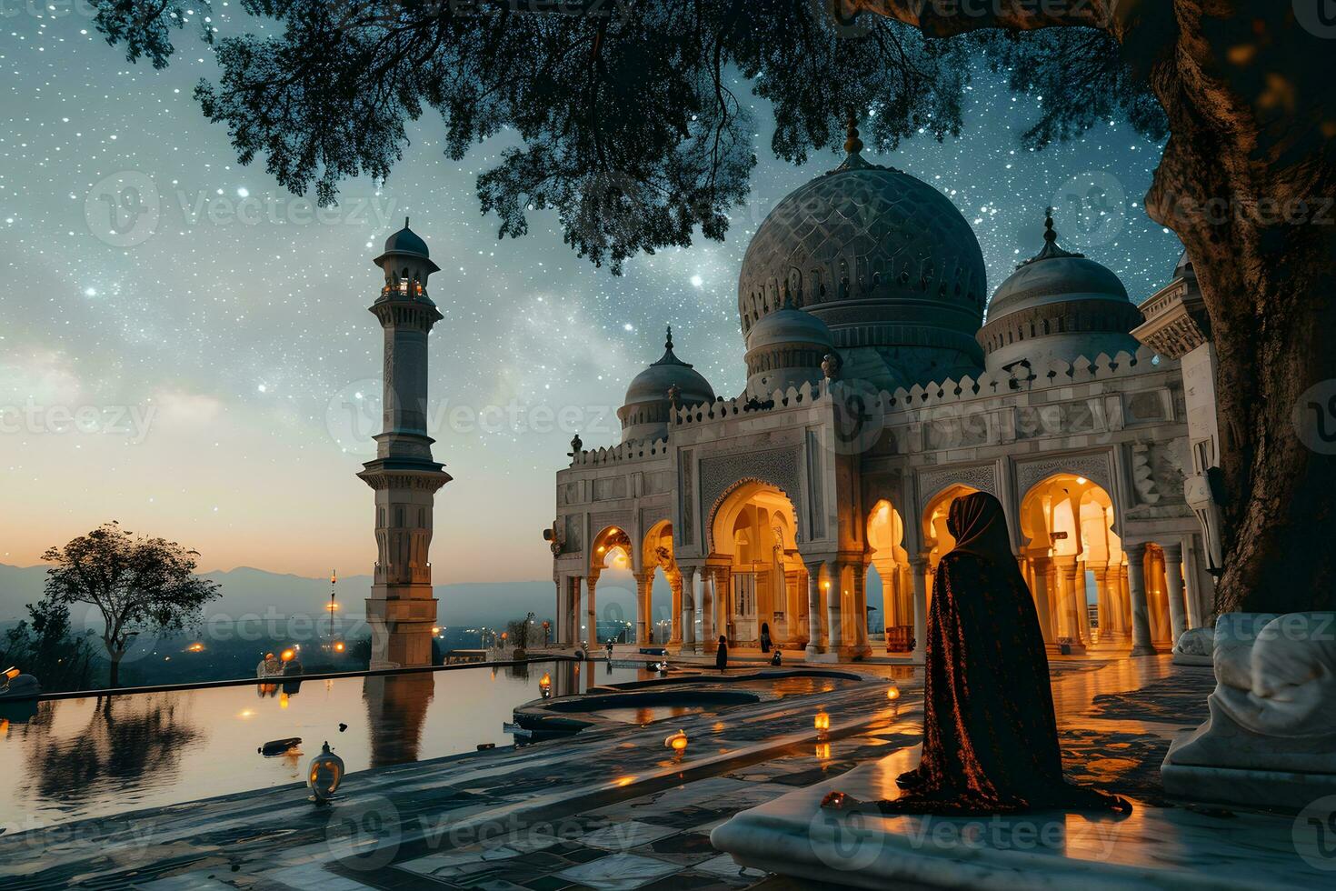 AI generated A Magnificent Mosque with a Beautiful Sky View at Sunset. Generative AI photo