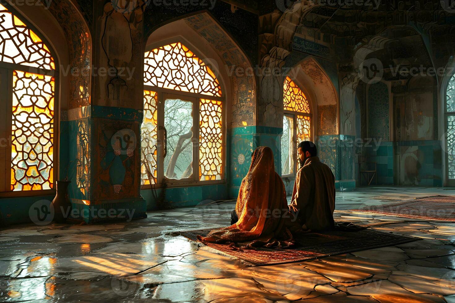 AI generated Muslim couple sitting in a mosque in traditional dress. Generative Ai photo
