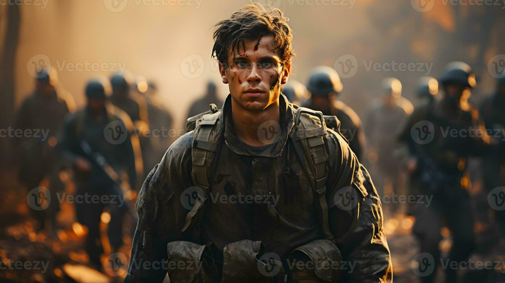 AI generated Portrait of a Soldier in a War Zone. Man in Battle. Generative Ai photo