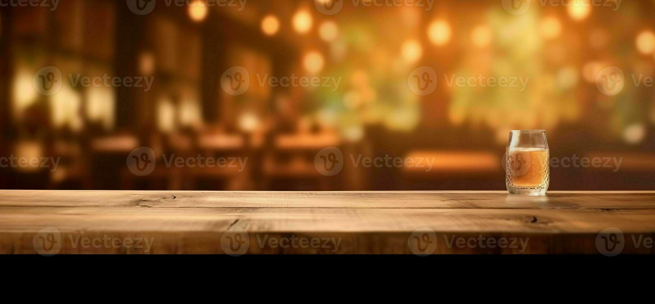 AI generated Empty Wooden Table with Bokeh Cafe Background and Golden Lights. Generative AI photo