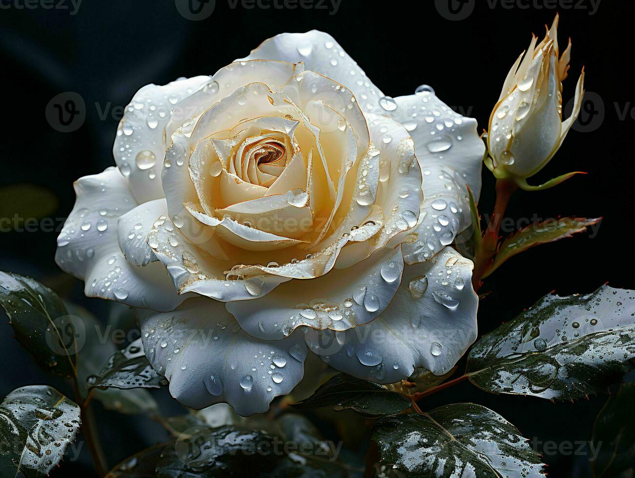 AI generated Blooming White Rose with Water Droplets on it Isolated on Black Background. Rose Close Up. Generative AI photo