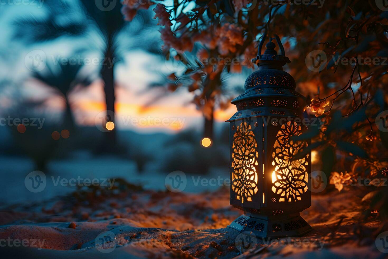 AI generated Arabic Lantern in the Desert at Sunset. Ramadan Kareem Background. Muslim Holy Month. Generative Ai photo