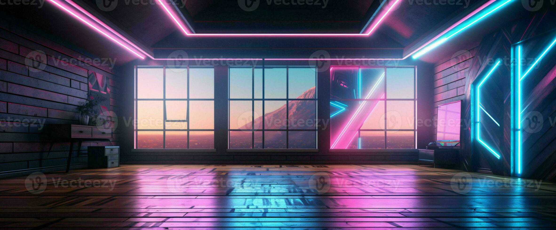 AI generated Modern Dark Room with Glowing Neon Lines with Retro 80s Style. Futuristic Interior with Laser Effect. Generative AI photo